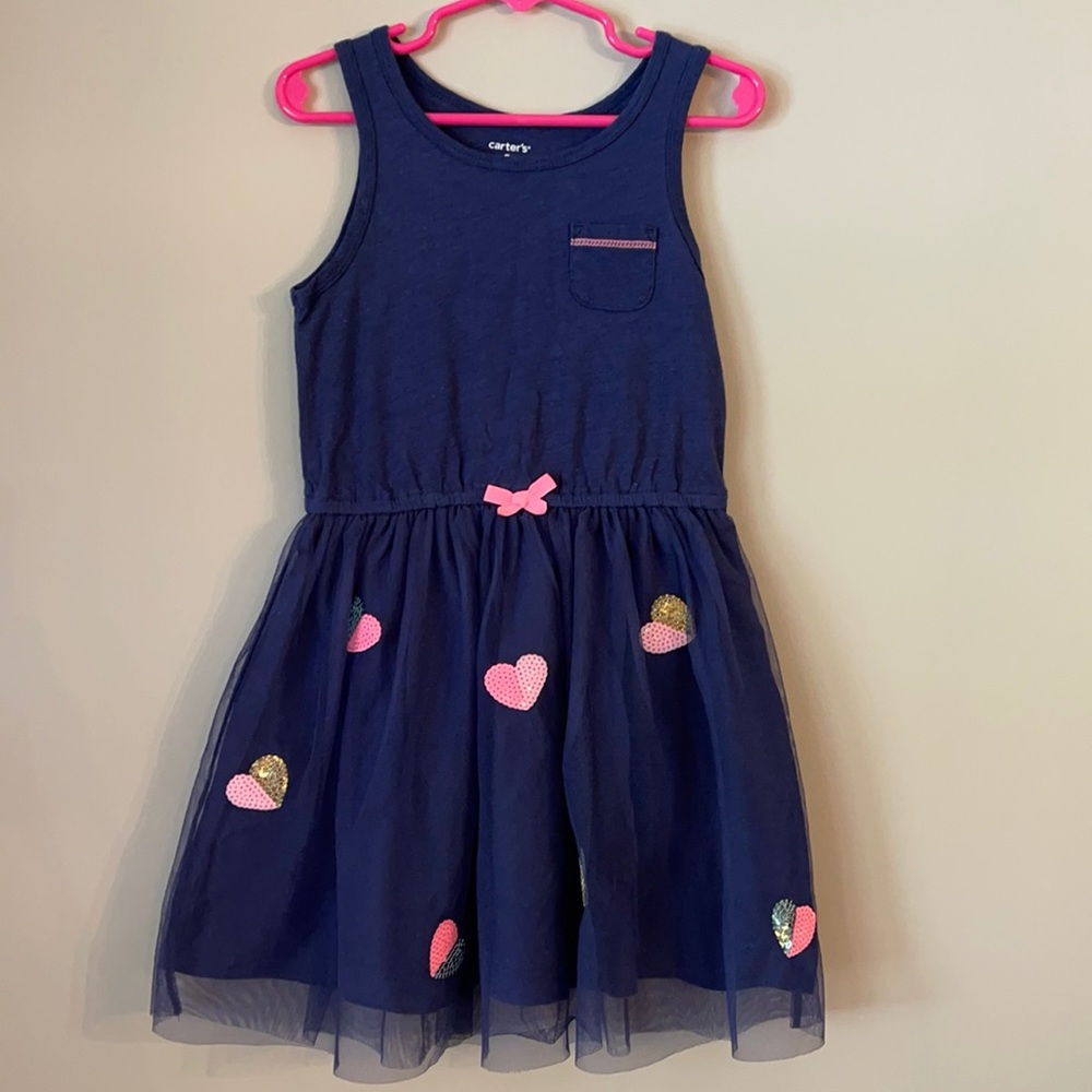 Carters Navy Blue with pink sequin hearts dress
